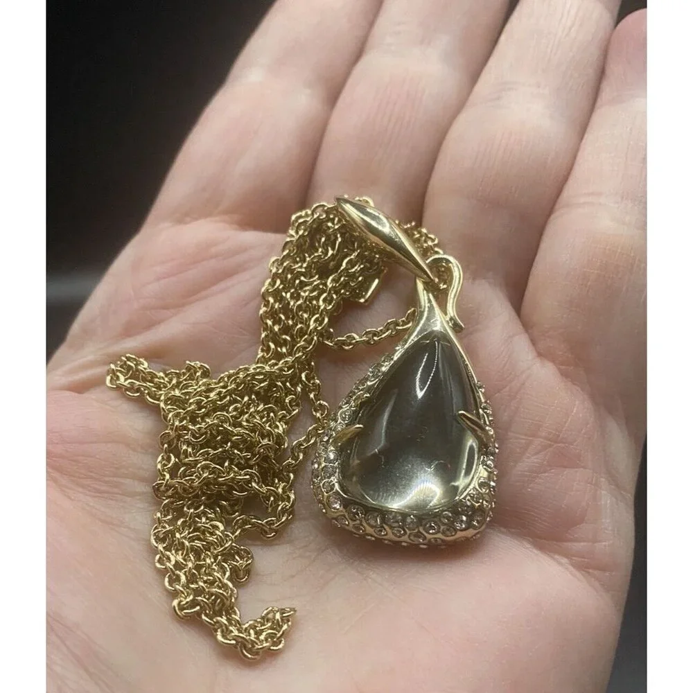 Signed Alexis Bittar Necklace Smoky Mirrored Crystal Teardrop Pendant 32" Gold - Picture 2 of 11